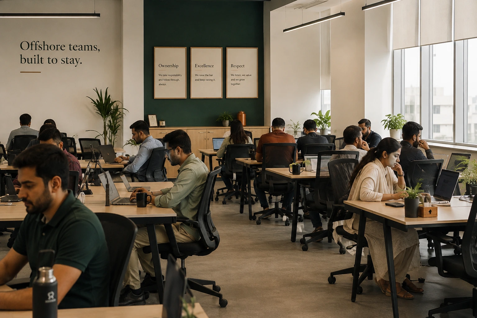 The Wintaros office floor: team members at desks in a bright open-plan office, with the words &lsquo;Offshore teams, built to stay.&rsquo; painted on the wall.