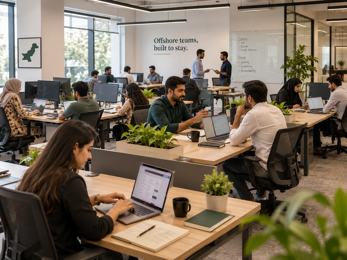 The Wintaros office with team members working at monitors. A whiteboard lists clients in the UK, Europe and North America and a focus on quality, continuity and accountability, beside a map on the wall.