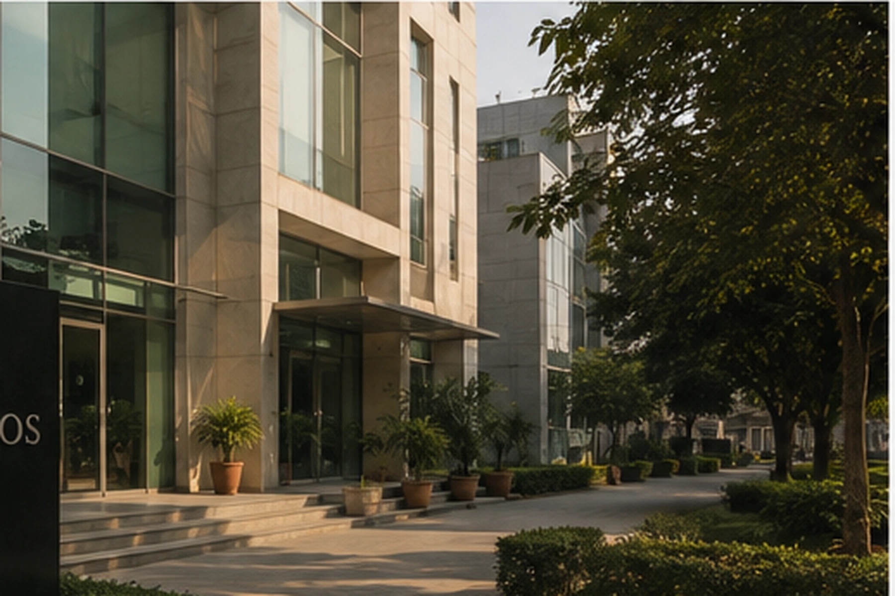 The glass-and-stone entrance of the office building where the Wintaros team is based, with trees and planters along the pavement in morning light.