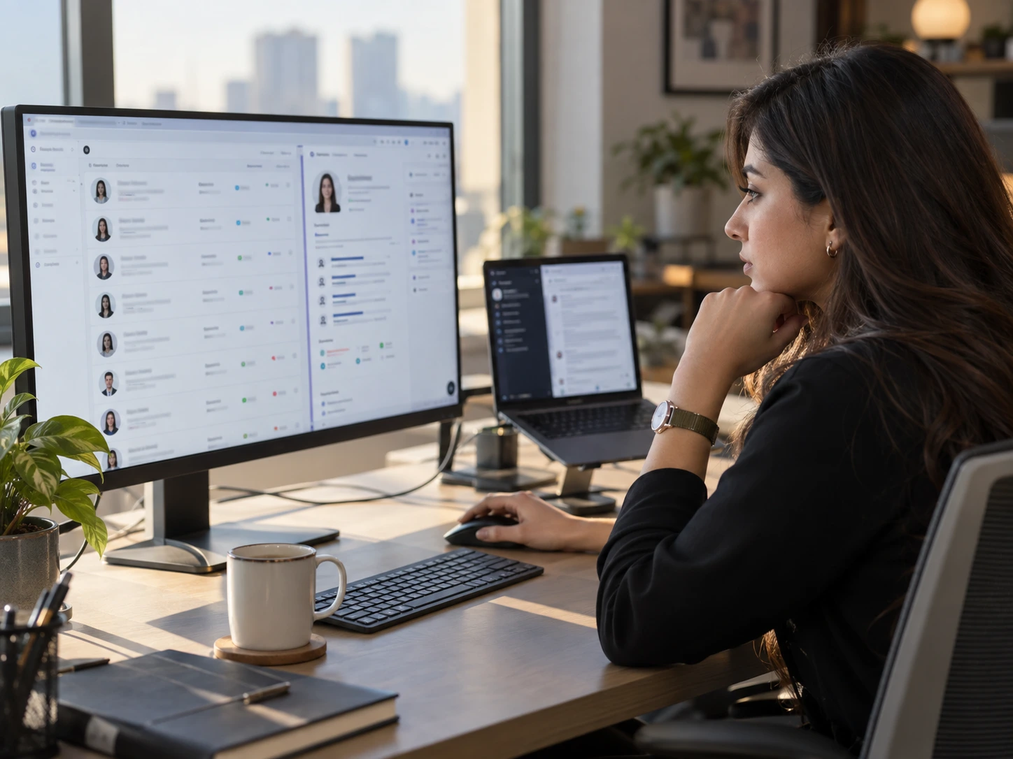 A recruiter reviewing a candidate pipeline on a widescreen monitor, with a shortlist of profiles and scores on screen and a laptop alongside.